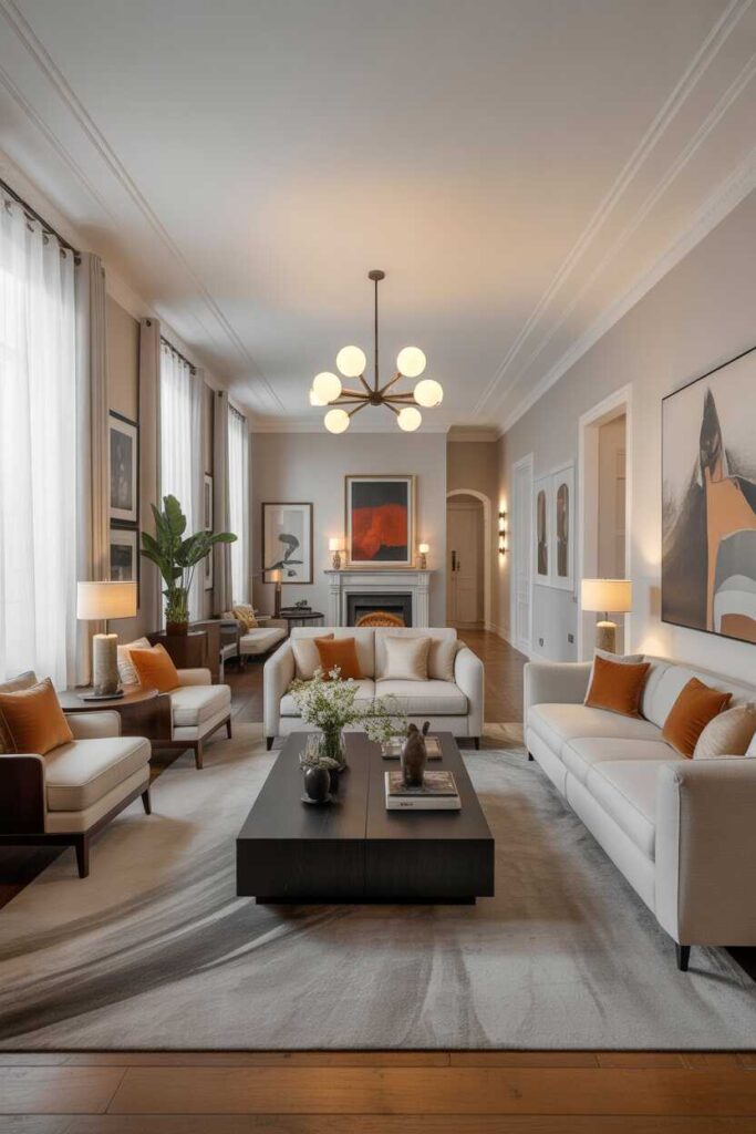 45+ Modern & Creative Long Living Room Ideas for a Stylish, Functional, and Cozy Space 4 Embrace Artwork That Guides the Eye Across the Room