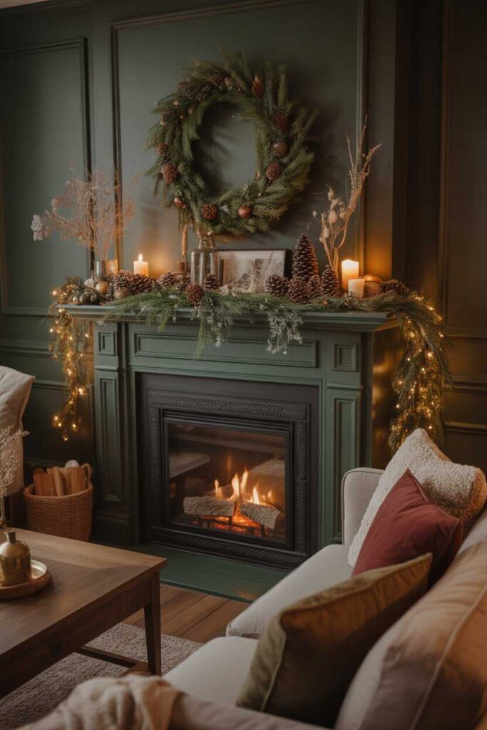 Moody Dark Cottagecore Christmas Living Room Ideas Cozy, Budget-Friendly & Enchantingly Festive Inspiration 6 Fireplace and Mantel Styling with Cottagecore Charm
