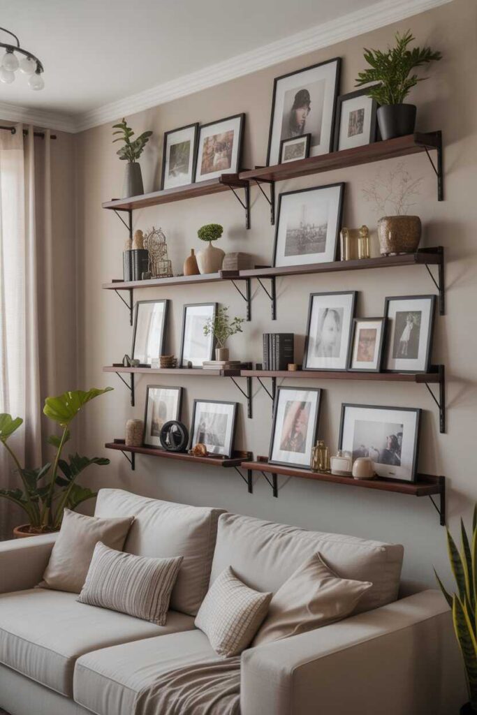 45+ Modern & Budget-Friendly Wall Decor Ideas for Bedroom Makeovers (Aesthetic Inspiration You’ll Love) 4 Floating Shelves Styled Like Mini Mood Boards