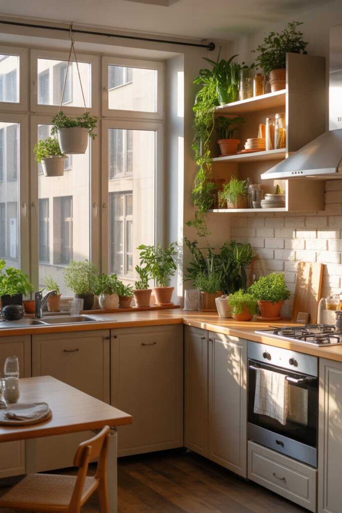 40+ Modern & Budget-Friendly Apartment Kitchen Aesthetic Ideas for a Stylish, Pinterest-Worthy Space 6 Incorporate Greenery and Herbs for Life and Freshness