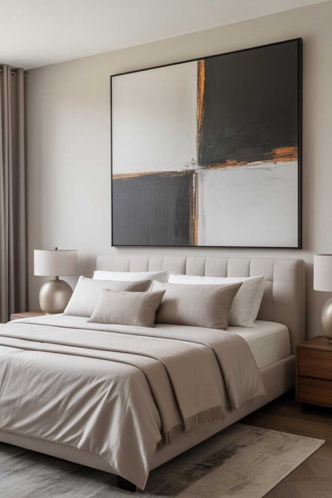 45+ Modern & Budget-Friendly Wall Decor Ideas for Bedroom Makeovers (Aesthetic Inspiration You’ll Love) 2 Large Statement Art That Instantly Elevates the Room