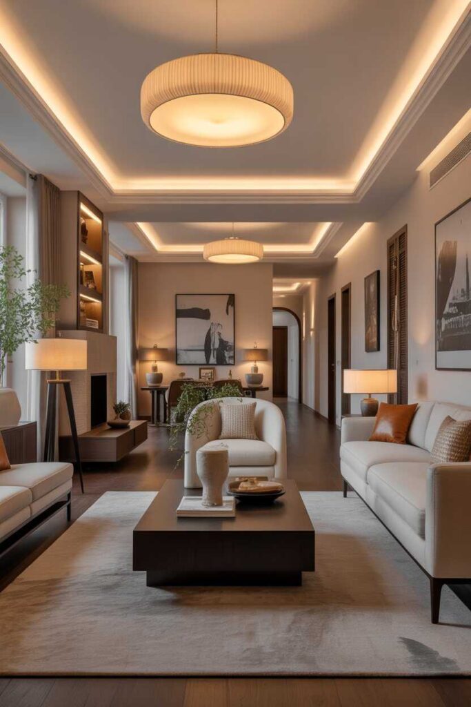 45+ Modern & Creative Long Living Room Ideas for a Stylish, Functional, and Cozy Space 6 Layer Light to Create Depth and Ambiance