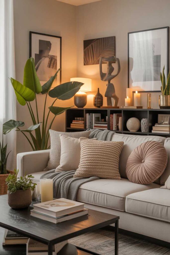 30+ Vibey Apartment Living Room Aesthetic Ideas for a Modern, Cozy, and Totally Pinterest-Worthy Space 9 Layering Accessories for Depth and Personality