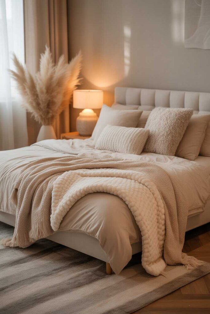 20+ Warm Earthy Living Room Ideas to Create a Cozy, Modern & Nature-Inspired Space 11 Layering Blankets and Pillows for Comfort