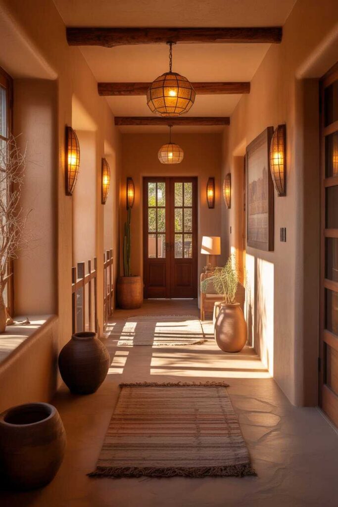 Warm Southwestern Desert Hallway Homes Unique, Modern & Budget-Friendly Design Ideas for Inviting Spaces 6 Lighting That Brings Southwestern Hallways to Life