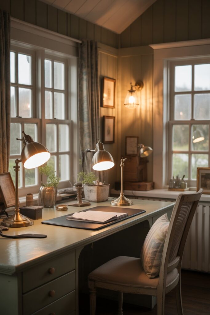 English Countryside Home Office Ideas Cozy, Budget Friendly & Modern Inspiration for a Dreamy Work From Home Space 4 Lighting That Creates a Calm and Productive Atmosphere