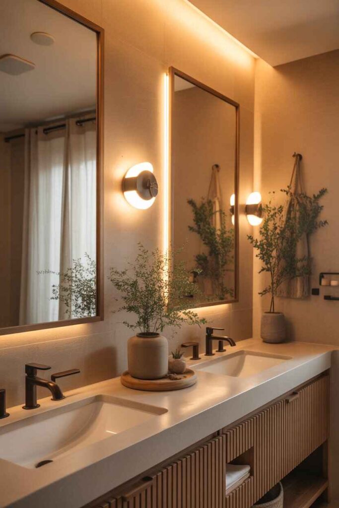 Earthy Modern Bathroom Ideas Inspiring Natural Design for a Calm, Stylish & Budget-Friendly 7 Lighting That Enhances Warmth and Earthy Elegance
