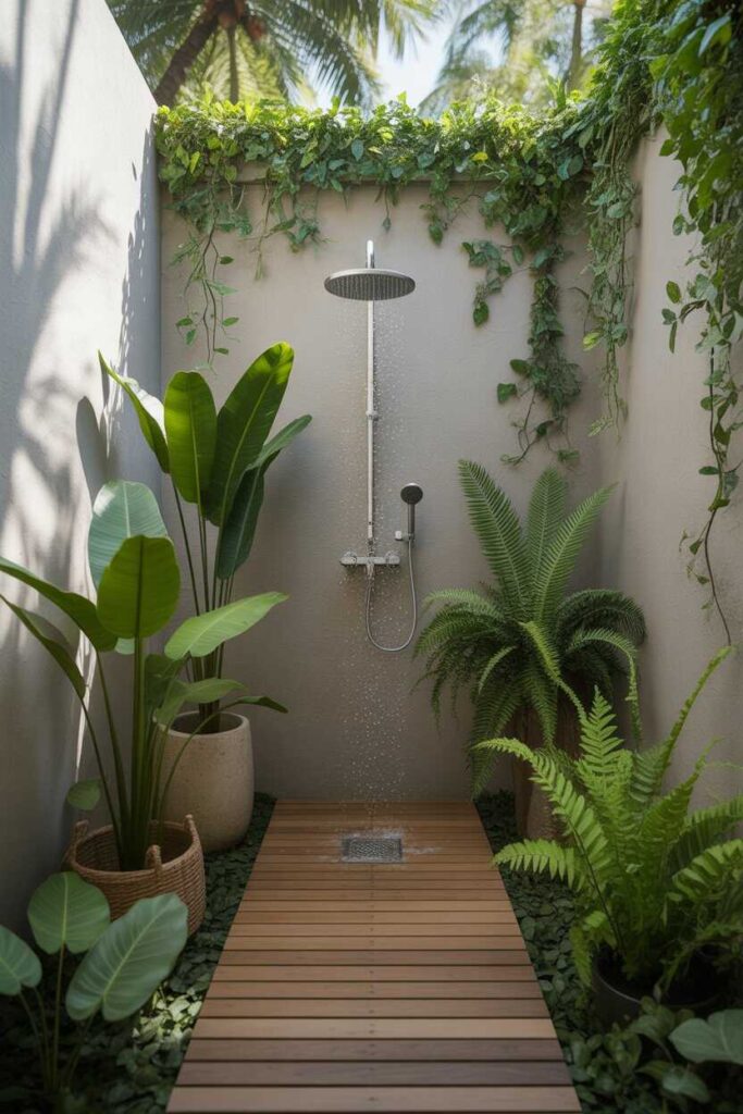 35+ Outdoor Shower Ideas to Transform Your Backyard (Modern, Budget-Friendly & Aesthetic Inspiration) 5 Lush Green Plants Surrounding the Shower