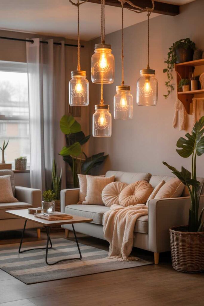 30+ Living Room Lighting Ideas That Transform Your Space Into a Cozy, Modern & Pinterest-Worthy Escape 7 Mason Jar Lighting for Affordable DIY Appeal