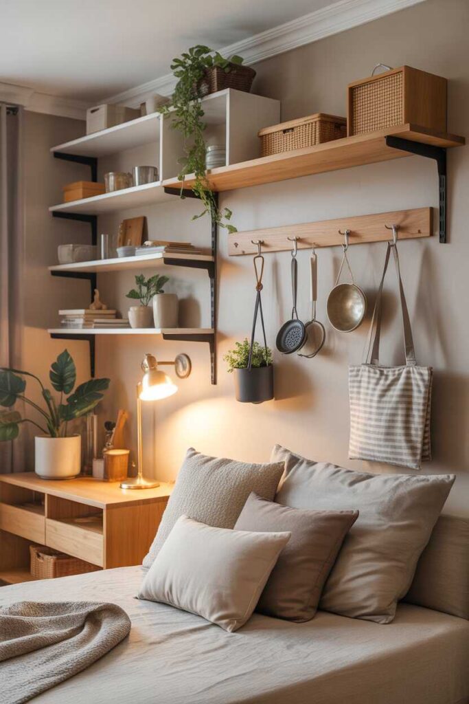 25+ Budget-Friendly College Apartment Decor Ideas to Transform Your Space Into a Pinterest-Worthy Haven 8 Maximizing Vertical Space With Shelves and Hooks