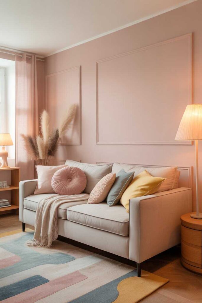 20+ Warm Earthy Living Room Ideas to Create a Cozy, Modern & Nature-Inspired Space 3 Mixing Soft Pastels for Balance