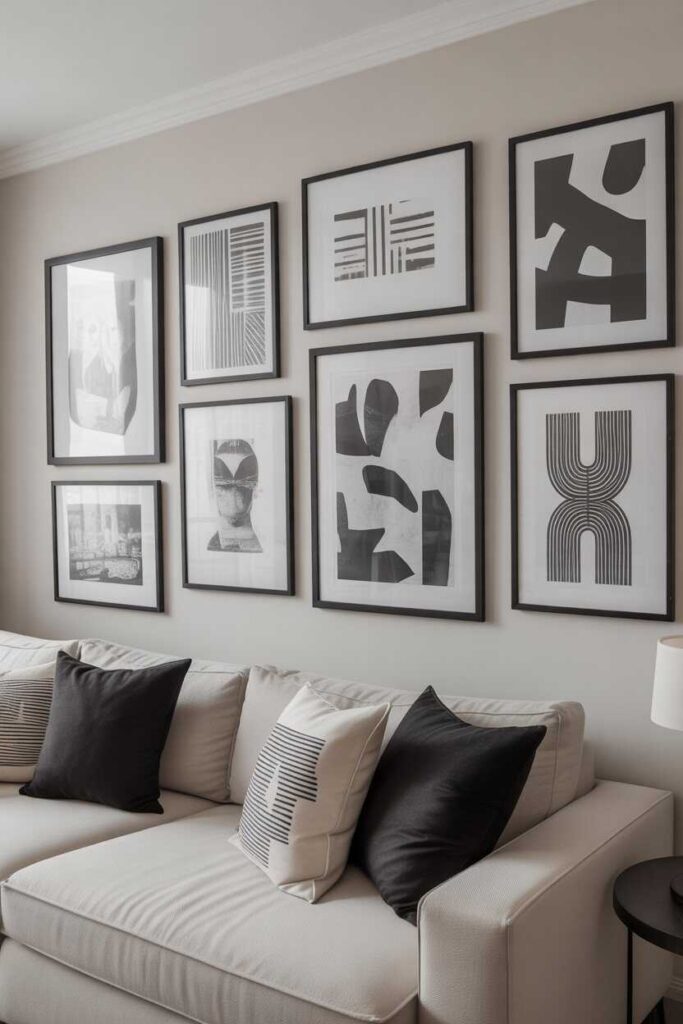 45+ Modern & Budget-Friendly Wall Decor Ideas for Bedroom Makeovers (Aesthetic Inspiration You’ll Love) 8 Monochrome Art Arrangements