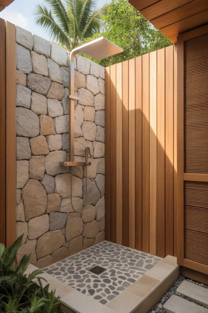 22+ Outdoor Shower Ideas for a Fresh, Modern, and Stylish Backyard Oasis 8 Outdoor Shower Ideas with Natural Textures