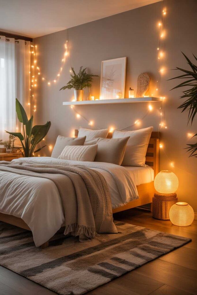 30+ Living Room Lighting Ideas That Transform Your Space Into a Cozy, Modern & Pinterest-Worthy Escape 9 Soft String Lights for a Subtle Aesthetic Touch