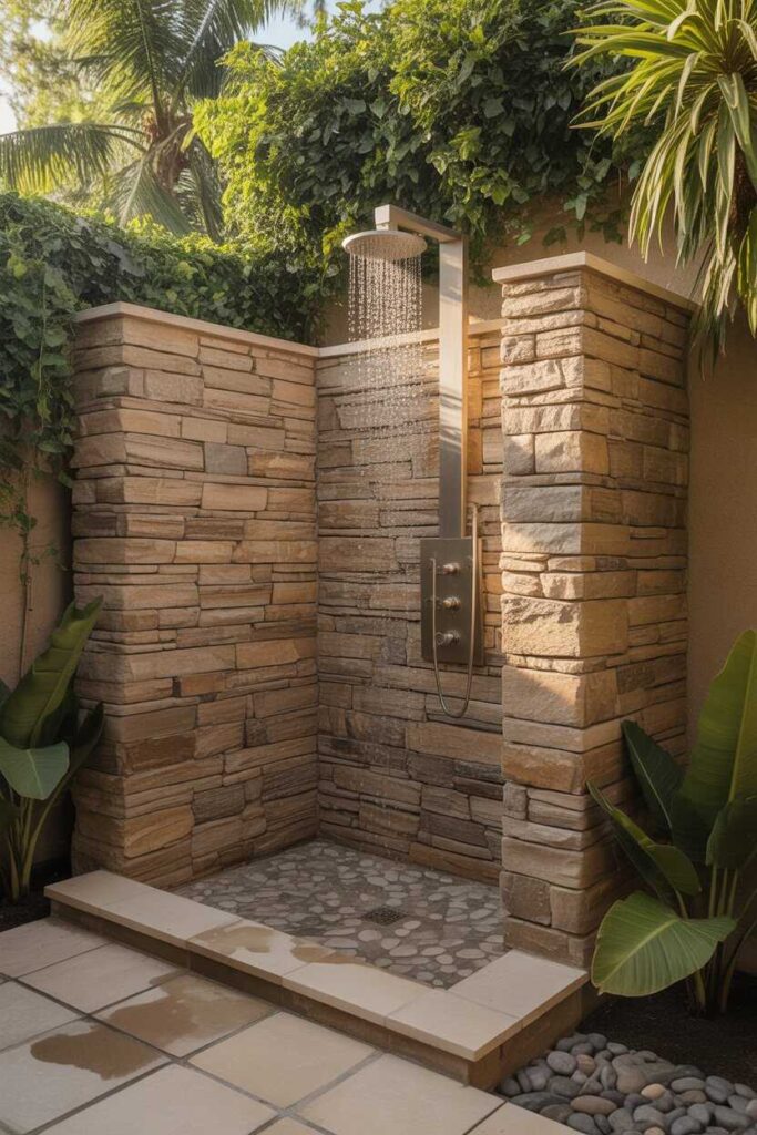 22+ Outdoor Shower Ideas for a Fresh, Modern, and Stylish Backyard Oasis 3 Stone Outdoor Shower Designs for a Luxury Spa Feel