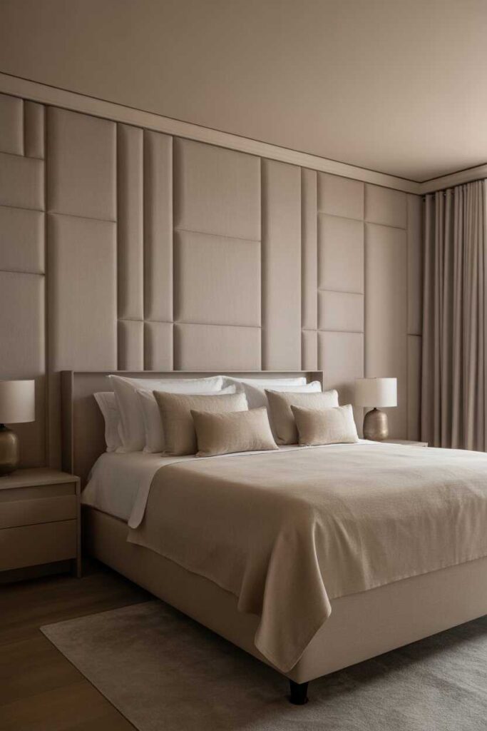 45+ Modern & Budget-Friendly Wall Decor Ideas for Bedroom Makeovers (Aesthetic Inspiration You’ll Love) 13 Textile Wall Panels for a Hotel-Style Bedroom