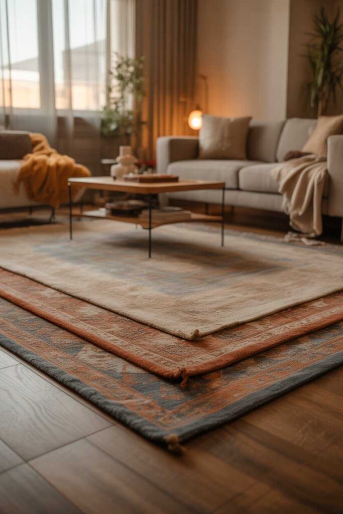 30+ Vibey Apartment Living Room Aesthetic Ideas for a Modern, Cozy, and Totally Pinterest-Worthy Space 7 The Magic of Rugs and Layered Flooring