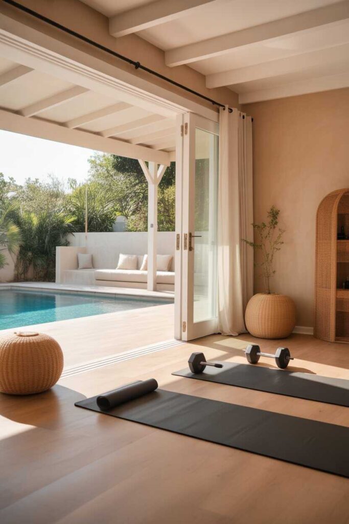 27 Stunning Pool House Ideas for a Modern, Relaxing, and Pinterest-Worthy Backyard Oasis 6 Turning Your Pool House Into a Home Gym or Yoga Studio