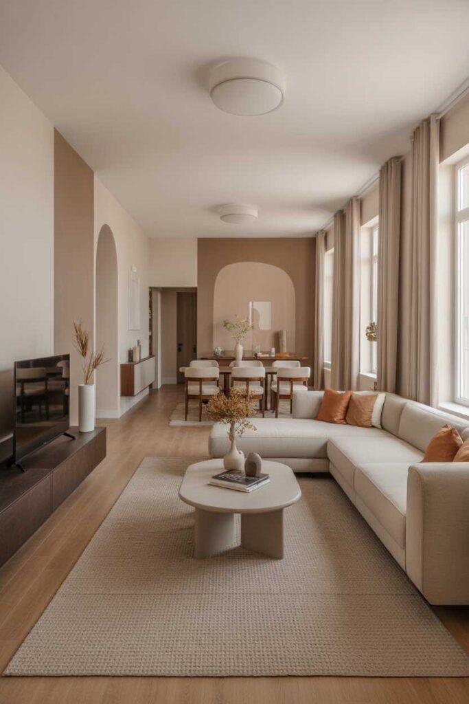 45+ Modern & Creative Long Living Room Ideas for a Stylish, Functional, and Cozy Space 3 Use Color to Shape the Room’s Flow and Mood