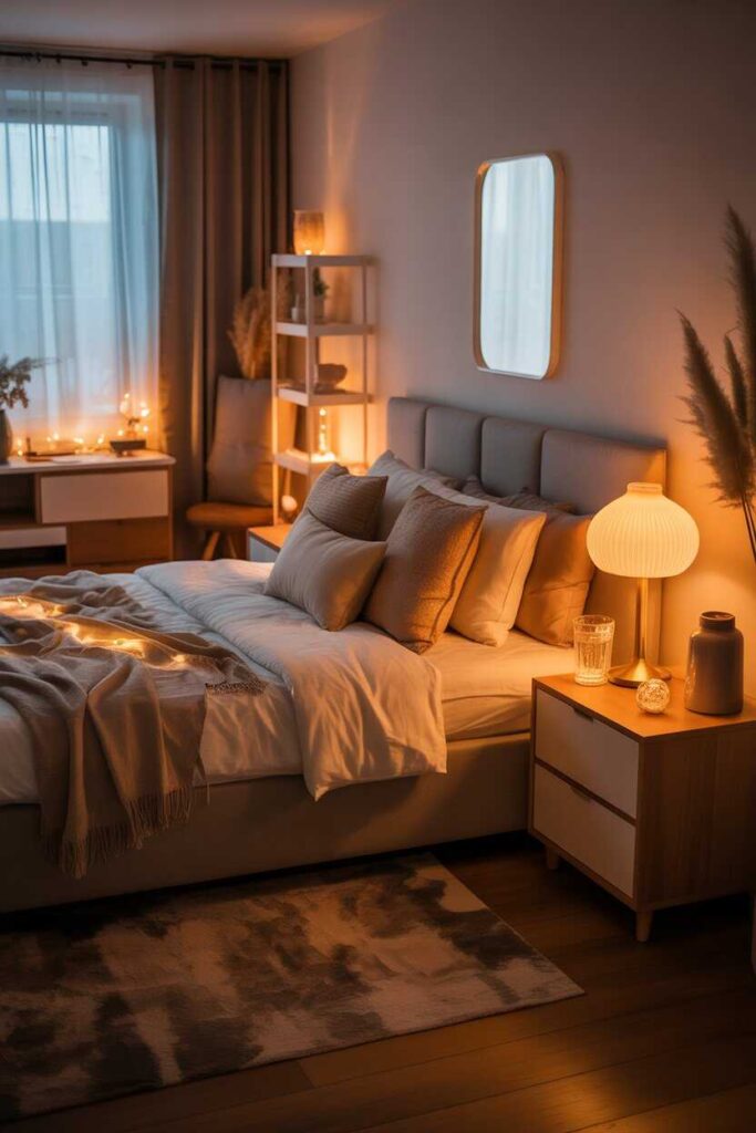 30+ Unique Apartment Bedroom Decor Ideas for a Cozy, Modern, and Aesthetic Space (Inspiration You’ll Love!) 5 Use Soft Lighting to Build a Warm, Cozy Bedroom Atmosphere