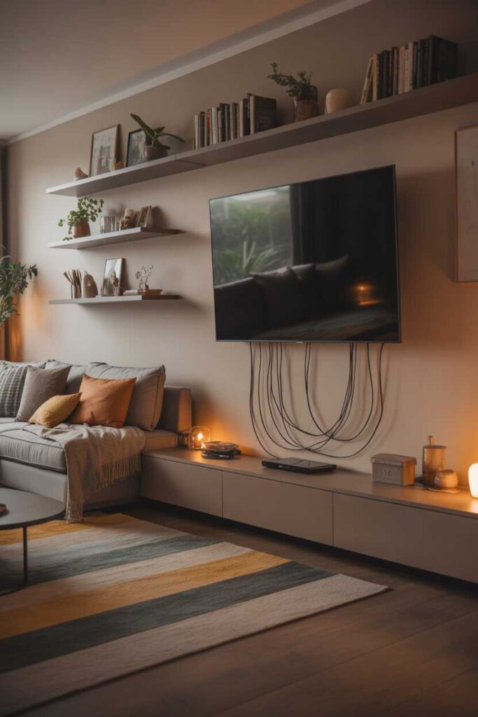 Genius Ideas on How to Hide TV Cords on a Mounted TV Modern, Budget-Friendly, and Aesthetic Solutions 3 Using Floating Shelves and Decor to Conceal Cords Naturally