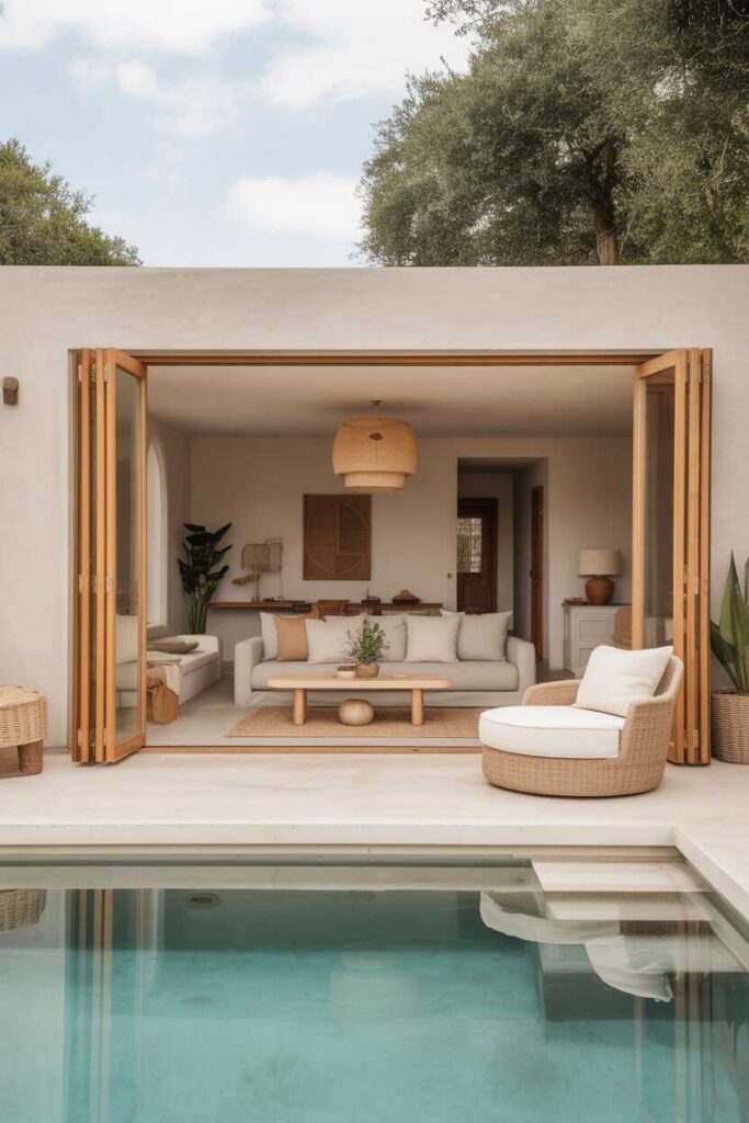 27 Stunning Pool House Ideas for a Modern, Relaxing, and Pinterest-Worthy Backyard Oasis 5 Using Neutral Tones for a Calm and Harmonious Pool House Look