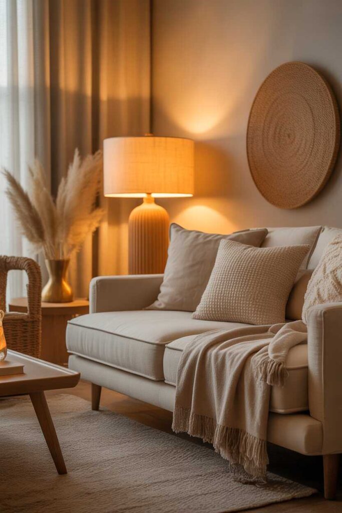20+ Warm Earthy Living Room Ideas to Create a Cozy, Modern & Nature-Inspired Space 12 Using Soft, Warm Lamps for a Cozy Ambiance