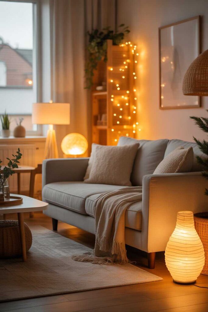 25+ Budget-Friendly College Apartment Decor Ideas to Transform Your Space Into a Pinterest-Worthy Haven 3 Using Warm Lighting for a Soft, Mood-Boosting Glow