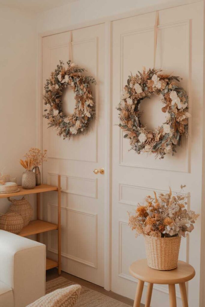 45+ Modern & Budget-Friendly Wall Decor Ideas for Bedroom Makeovers (Aesthetic Inspiration You’ll Love) 11 Wreath Decor and Dried Floral Arrangements