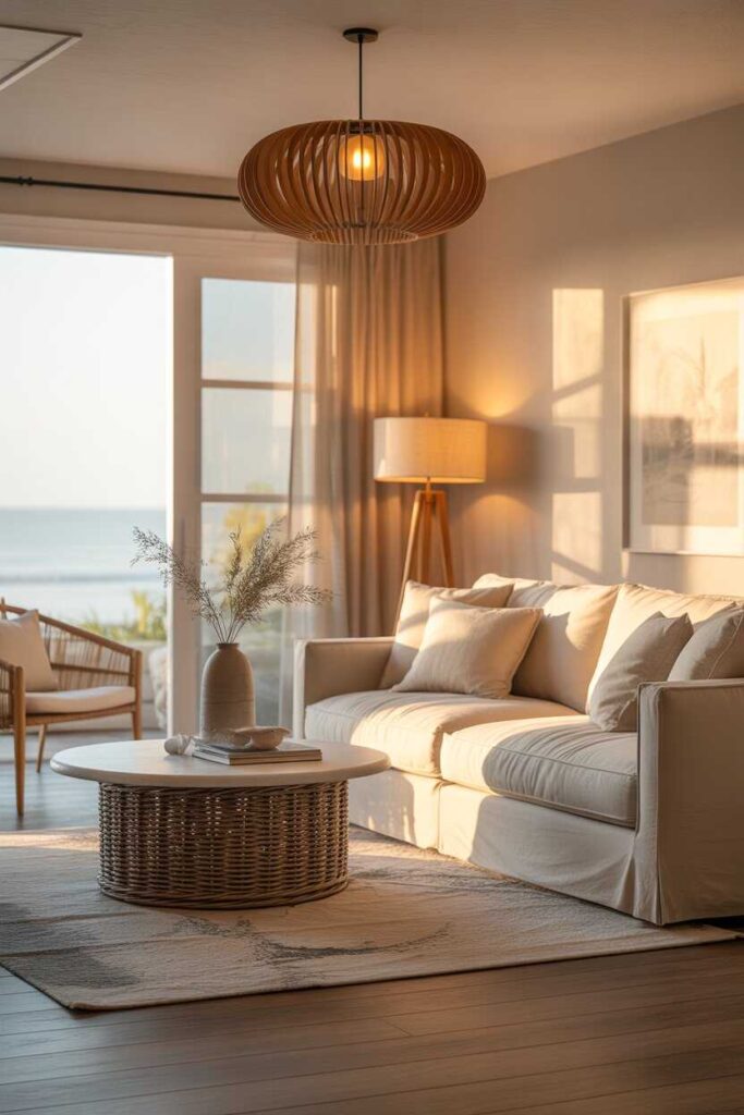 Modern Coastal Living Room Ideas Budget Friendly Inspiration for a Calm Stylish Home 6 Lighting That Enhances the Coastal Mood