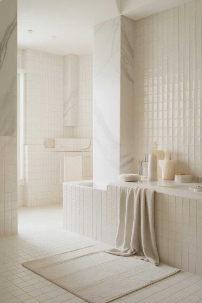 White Bathroom Ideas & Inspiration Budget Friendly Modern and Timeless Designs You Love 6 Layering Textures in a White Bathroom for a High-End Look