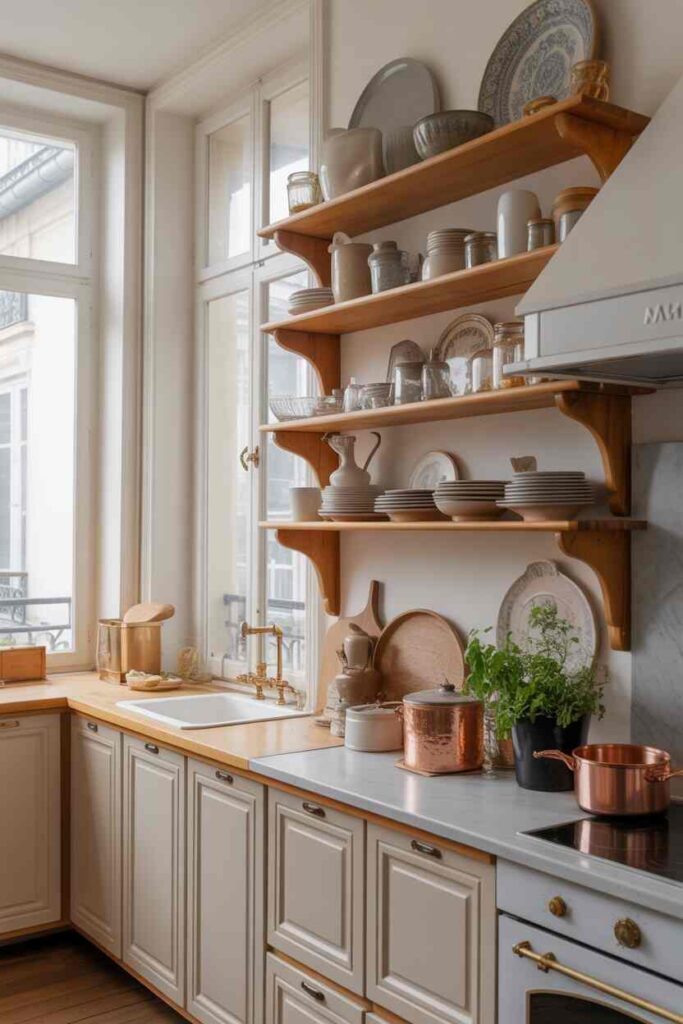 French Parisian Kitchen Ideas Timeless Inspiration, Budget-Friendly Charm, and Modern Elegance for Everyday Homes 7 Open Shelving and Everyday Beauty