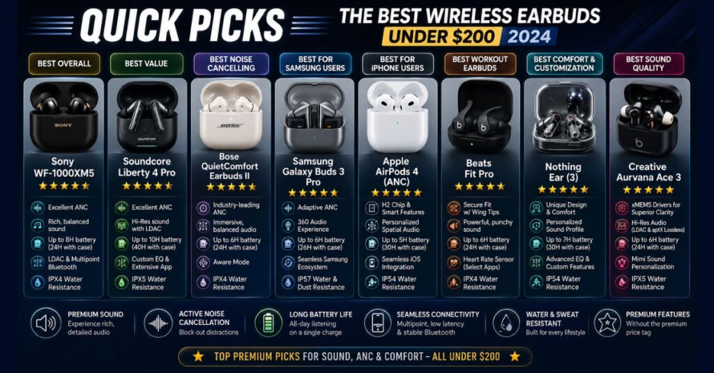 Best Wireless Earbuds Under 200 Dollars 2024 Top Premium Picks for Sound, ANC & Comfort 4 Best Wireless Earbuds Under 200 Dollars 2024